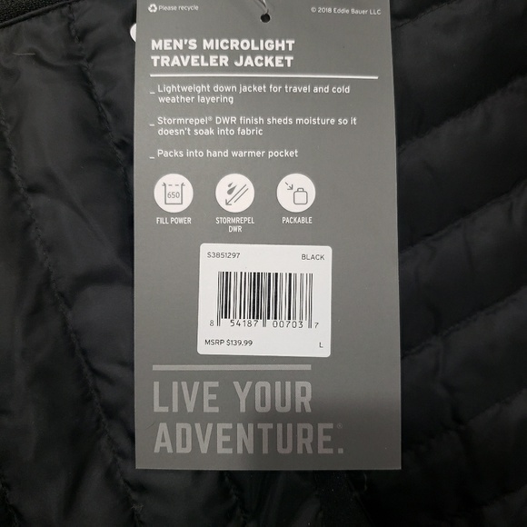 Eddie Bauer Men's Black Jacket Microlight Travler - Picture 5 of 7